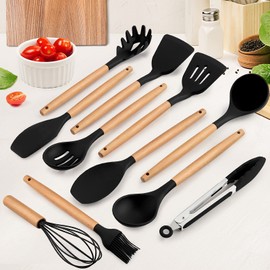 Kitchen Utensils Set of 12, E-far Silicone Cooking Utensils with Holder, Non-stick Cookware Friendly & Heat Resistant, Includes Spatula Tong Whisk Ladle Brush Slotted Turner Spoon(Black)