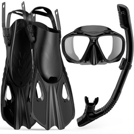 Mask Fin Snorkel Set, Travel Size Snorkeling Gear for Adults with Panoramic View Anti-Fog Mask, Fins, Dry Top Snorkel for Swimming Training, Snorkeling Kit Diving Packages (Black, S/M)