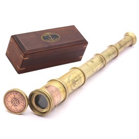 Solid Brass Scout Regiment Telescope with Hardwood Storage Case, Fine Quality Glass Optics
