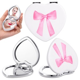 Karenhi 3 Pcs Pink Bow Heart Shaped Compact Mirror for Purses, Mini Cute Double Sided Pocket Mirror for Women, Handbag Wallet Home Office