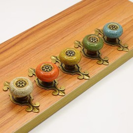 Wannianmu 5 Pack Retro Ceramic Knobs,Vintage Dresser Kitchen Petal Cabinet Pulls Rustic Zinc Alloy Base Back Plate Kid Cupboard Wardrobe Drawer Door Handles (Leopard Print White)