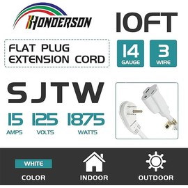 HONDERSON Flat Plug Indoor Extension Cord, UL Listed, 14 Gauge 10FT White 3 Prong Heavy Duty, 14/3 SJTW 15A Power Cord for Lights, Appliances, Home