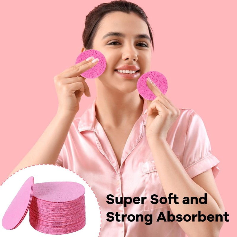 Spunspon 50-Count Facial Sponges, Compressed Natural Cellulose, Pink, Round Shape,