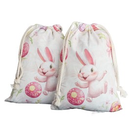 Easter Storage Bags Gift Bags 2 Pieces Small Size Canvas Bag Printed Drawstring Bag Bunny Eggs Theme