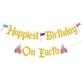 Happiest Birthday On Earth Banner - Castle Theme Birthday Banner, Happy Golden Birthday, Funny Princess Castle Birthday Party Decorations Gold Glitter
