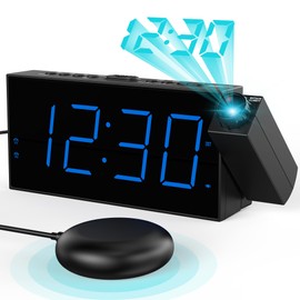 Mesqool Wecker mit Projektion für Schlafzimmer, Lauter Vibrationswecker für Hörgeschädigte & Gehörlose,180° Projektor,12/24H, Dimmer, Doppelalarm, 5 Stufen Alarmlautstärke, Große Schlummertaste, Blau