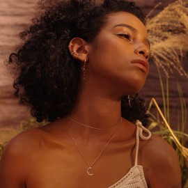 Fettero Layered Necklace Gold Satellite Chain Choker Hammered Crescent Moon Pendant 14K Gold Plated Dainty Simple Jewelry for Women