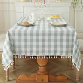 Laolitou Checkered Tablecloth Rectangle Washable Buffalo Plaid Table Cloth with Tassel Cotton Linen Gingham Table Cover for Picnic Kitchen Dining Room, Blue, 70 Inch