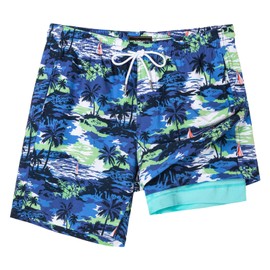 SURF CUZ Mens Swim Trunks with Compression Liner Quick Dry Swim Shorts 7" Swimming Trunks Stretch Bathing Suit 7 Inch,Blue Sea,S