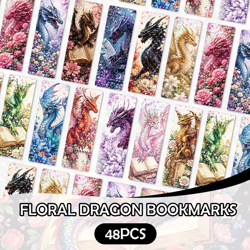 Zaamwoyy 48Pcs Floral Dragon Bookmarks, Fantasy Paper Bookmark Set with