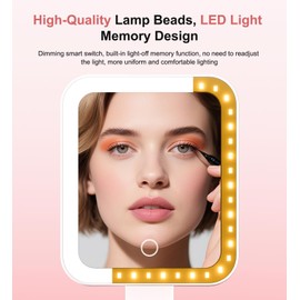 Fshyos Travel Makeup Mirror with Lights 10X/1X Double-Sided Magnifying LED Beauty Mirror Rechargeable Portable Vanity Mirror with 3 Color Lighting Smart Touch Dimming Desktop Handheld Hanging Pink