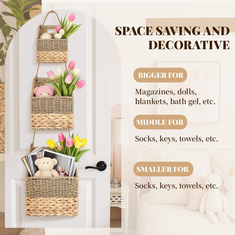 Cinnvoice Set of 3 Wicker Wall Magazine Basket, Magazine Holder