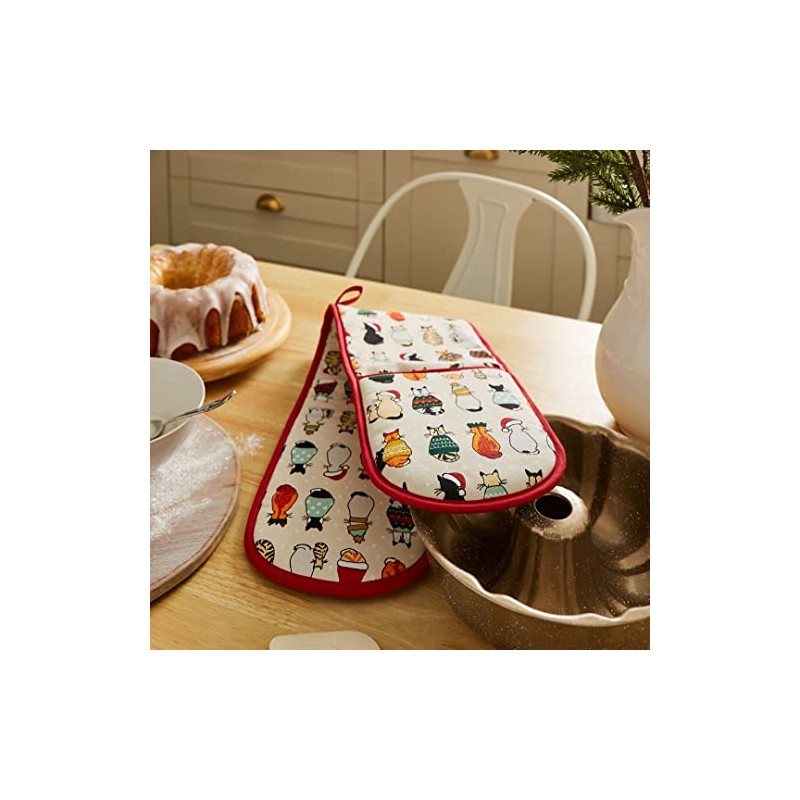 Kitchen Textiles Christmas Cats Waiting Recycled Cotton Double Oven Glove