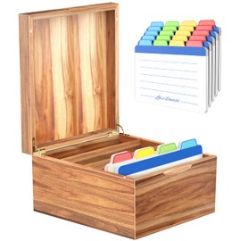 Neando 5x8 Index Card Organizer with Lid – Extra Large Acacia Wood Storage Box with 4 Compartments, 20 Blank Tabs, Holds 600 Cards – File Box for Recipes, Projects, School Notes & Office Organization
