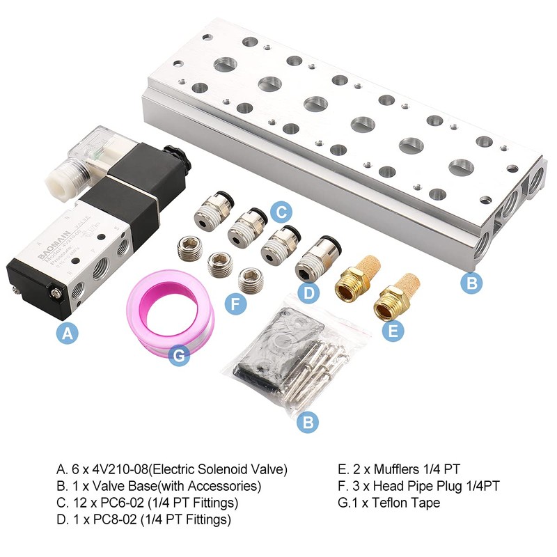 Baomain 6 Space Pneumatic Solenoid Valve 4V210-08 AC 24V Single