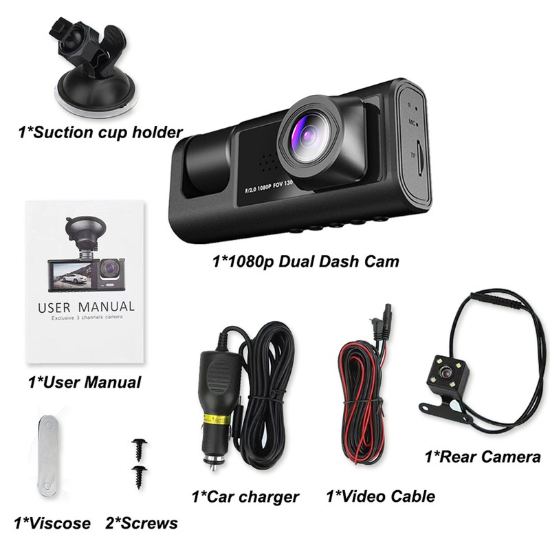Dash Cam Front and Rear Inside 3 Cameras 1080P+720P+480p Car