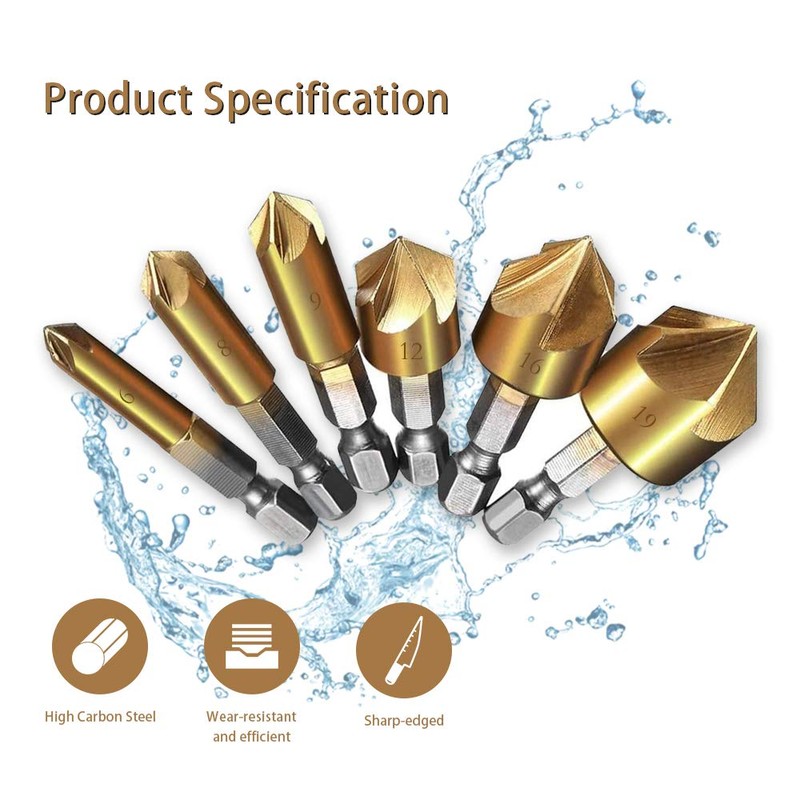 6Pcs Countersink Drill Bits,90 Degree Chamfering Drill Bit 1/4" Hex
