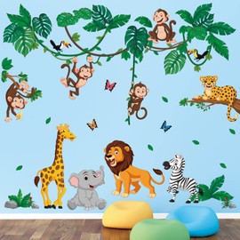 DECOWALL DSL-8069 Jungle Animals Cartoon Wall Stickers Decor Kindergarten Nursery Kids Room DIY Wall Decal Wall Art Stickers Boys Girls Children Bathroom Decoration Vinyl Bedroom Teen Kids Wallpaper