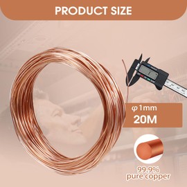 FIFIBANG 20 m Copper Wire, 1 mm, Pure Copper Cable, T2 Bare Copper Wire, Unpainted Copper Enamelled Wire, Craft Wire, Jewellery Wire, Coil, Winding Wire, Copper Wire for Welding, Electrical