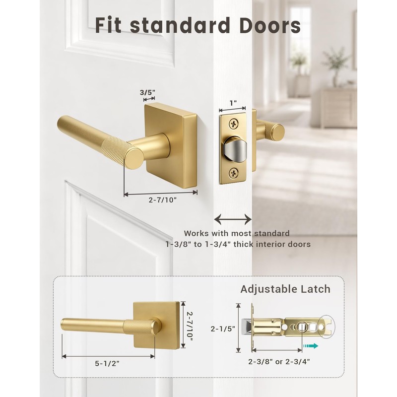 1 Pack Door Handle Golden Champagne Finish, Modern Knurled Design