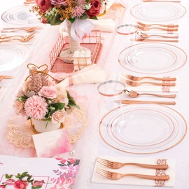 DaYammi 350Pcs Rose Gold Plates, Rose Gold Dinnerware Set Include: 50 Dinner Plates 10.25’’,50 Dessert Plates 7.5’’,50 Rose Gold Cutlery,50 Disposable Cups 9 OZ with 50 Napkins for Party and Wedding