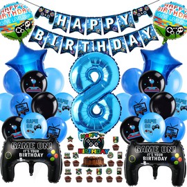 Cadimus Video Game Birthday Decoration, Gaming Balloons 8, Balloons Decoration 8 Years Boy, Birthday 8th Game Themes Party, XXL Gaming Controller Foil Balloons, Balloons Game Blue Black
