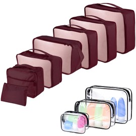CORYIN Packing Cubes 10 PCS Travel Organiser Packing Bags Luggage Packing Organizers Essentials Bag for Clothes Shoes Cosmetics Storage Bags Men Women Dark Red
