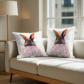 Soothirty Set of 2 Watercolor Rabbit Linen Throw Pillow Covers, 18x18Inch White Linen Cushion Cases, Spring Easter Animal Design Decorative Pillowcases for Home Decor