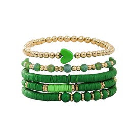 Azusa Sun Boho Heishi Beaded Stretch Bracelets for Women Colorful Heart Polymer Clay Beads Stackable Bracelets Set Multilayer Gold Beaded Bracelets Summer Beach Holiday Jewelry-Green