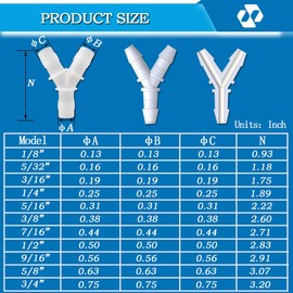 55Pcs Hose Barb Fittings,11 sizes of barbed hose fittings, Equal Barbed Y Shaped 3 Way Plastic Joint Splicer Mender Adapter Union, Hose Plastic Pipe Connectors, for Gas, Liquid, Air Line Tubing Pipe.