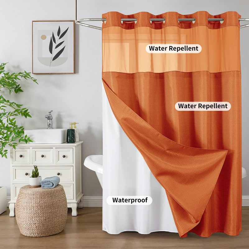 No Hook Shower Curtain with Snap in Fabric Liner, Waffle