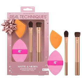 Real Techniques Real Techniques Matte & Merry Ultimate Blending 4 Piece Holiday Gift Set, Foundation Makeup Sponge, Dual-Sided Powder Puff, & 2 Makeup Brushes, Kitten Paw Brush, Stocking Stuffer, Limited Edition