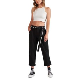 FIVESTAR GENERAL Women's Belted Utility Cargo Crop Pant, High-Rise, Button Closure with Brass Zipper Black