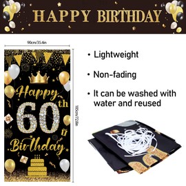 POPOYU Happy 60th Birthday Door Banner,Black Gold 60th Birthday Backdrop Banner for Men Women,Large Fabric Photo Booth Backdrop Background for Him Her 60 Years Old Birthday Party Wall Door Decoration