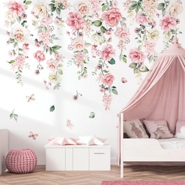 wondever Wall Sticker Flowers Pink Large Wall Sticker Peony Hanging Vine Flowers Leaves Wall Sticker Wall Decoration for Girls Bedroom Living Room