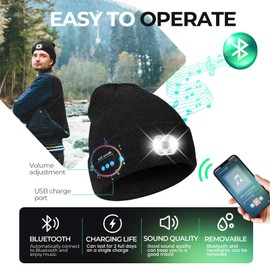 Lucky Mami Bluetooth Beanie Hat with Light, Waterproof with Mounting Accessories, Bluetooth LED Rechargeable Waterproof for Adults Outdoor Camping Hiking Running