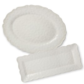 Isabella Cream Crackle Melamine 2-Piece Platter Set, Includes 18x13.5-Inch Oval & 19x8-Inch Rectangular Platters, Scalloped Edges, Durable & Dishwasher Safe, Elegant for Serving & Entertaining