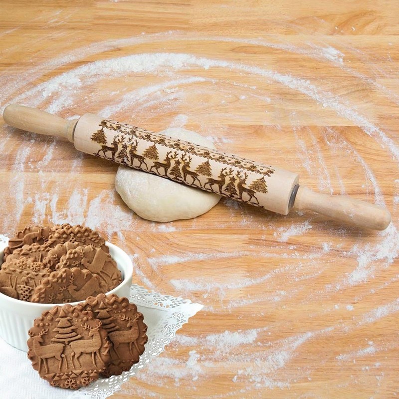 Mellifluous 2pcs Embossed Rolling Pin,Christmas Elk Printing Rolling Pin,Handmade Pattern