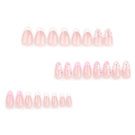 MouyouGlow Press on Nails Short, Almond Nude Pink French Flowers Floral Fake Nails with Nail Glue, Pink Tips Flowers Summer INS Artificial Fingernails