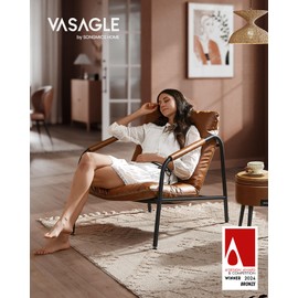 VASAGLE EKHO Collection - Accent Chair, Metal Framed Armchair, Synthetic Leather with Stitching, Mid-Century Modern, Sling Chair for Living, Bedroom, Reading Room, Lounge, Caramel Brown ULAC014K01