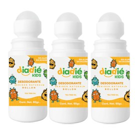 DIADIÉ Kids, Desodorante para Niños, Niñas, Piel Sensible, Elimina mal olor, Sin Bicarbonato, No tapa los poros, Infantil, Rollon, 60g, 3 Pack
