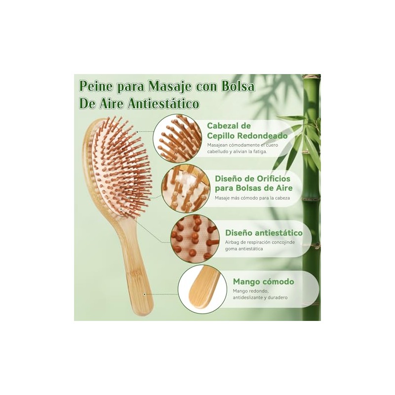 6pcs Peines de Madera Bambu, Cepillos para Cabello de Almohadilla