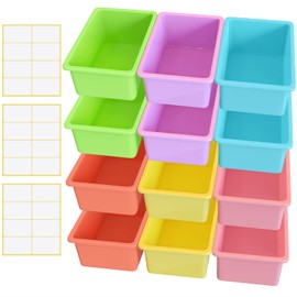 12 Pieces Plastic Cubby Bins Office Kids Storage Container Kids Toy Storage Organizer Bins with 1 Pack Self Adhesive Label for Classroom (Fresh Colors)