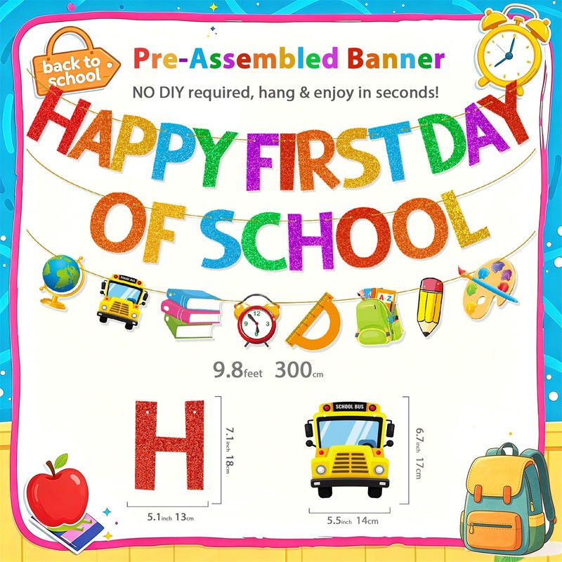 Happy First Day of School Banner – Pre-Strung Glitter Back