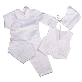 Lito Angels Baby Boys' 4 Pcs Satin Baptism Christening Suit with Bonnet Long Sleeves Infant, 3-6 Months, White (Long Sleeves)