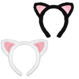 Qianyu 2 Pack Cat Ears Headbands Soft Cute Ear Hair Hoop Hairbands for Adults Kids Girls Women Makeup Shower Yoga Cosplay Photo Props Birthday Costume Party Christmas Decoration Headpiece(Black,White)