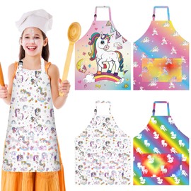 PLULON 4 Pcs Kids Aprons with Pockets Painting Apron for Kids, Rainbow Unicorn Apron Adjustable Strap Kids Apron for Painting Cooking Baking Girls Boys Paint Apron Unicorn Party Supplies, 3-8 Years
