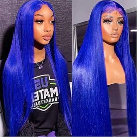 Lumiere Dark Blue Bomb Pre Colored 13x4 Straight Lace Frontal Human Hair Wig - Color: Blue Straight, Size: 18inch