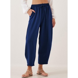 EVALSS Womens Baggy Wide Leg Pants Casual Drawstring Elastic Waisted Palazzo Harem Pants with Pockets Navy Blue XL