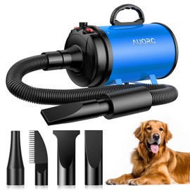 AUORC Dog Blow Dryer, 5.2HP/3800W High Velocity Dog Hair Dryer with 4 Nozzles, Stepless Adjustable Speed & Temperature Control, Low Noise Professional Dog Grooming Dryer (Blue)